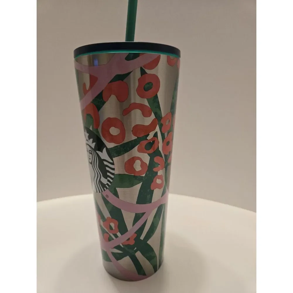 Starbucks Green‎ Pink Jungle Print Stainless Tumbler Cup 24 Oz Venti